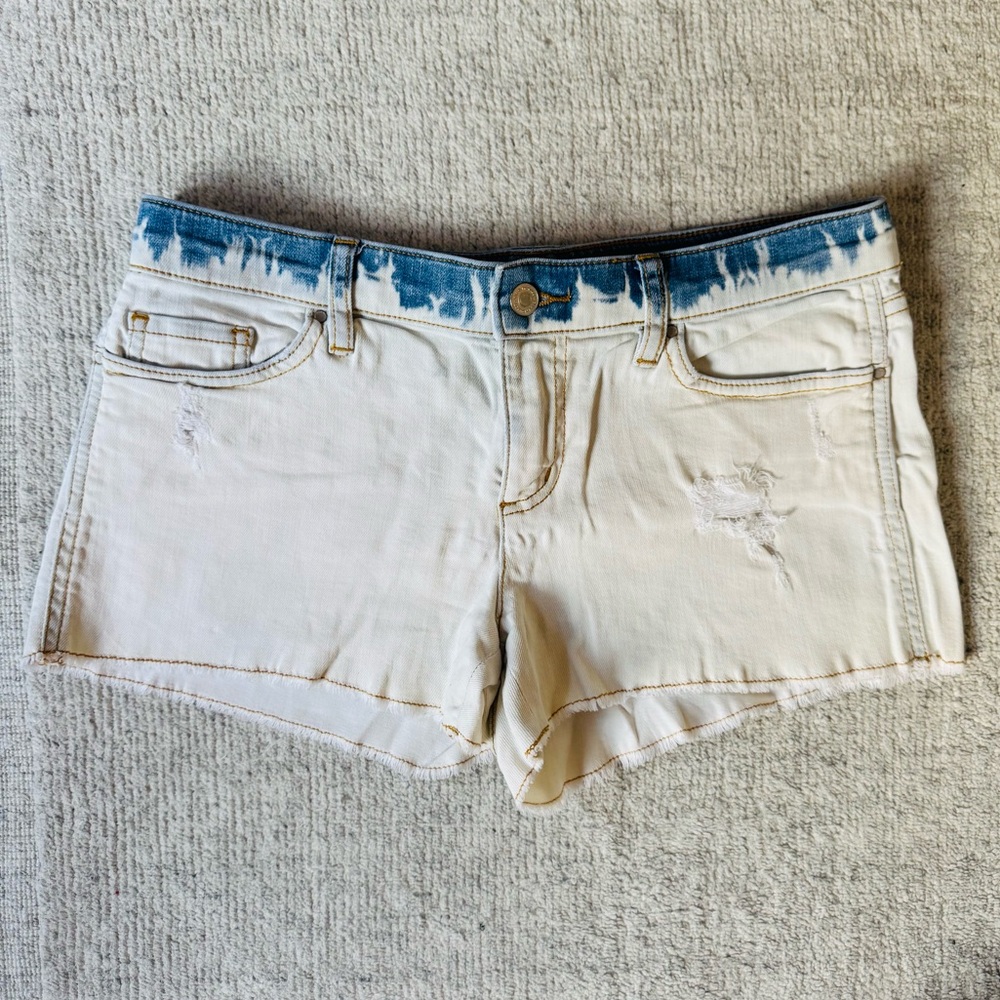 Club Monaco Bleached Dip-Dye Cream Destructed Shorts with Blue Waistband